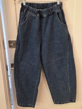 Le Bon Shoppe Balloon Jeans L Dark Wash Elastic Waist Barrel Leg Cotton